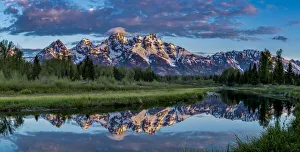 Grand Teton National Park, panoramic reflection of Teton Mountains near Jackson Hole