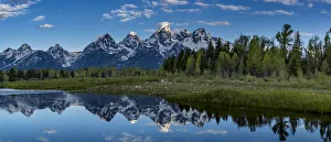 Images Dated 27th June 2021: Grand Teton National Park, panoramic reflection of Teton Mountains near Jackson Hole