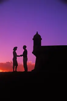Retreat Prints: Graphic colorful sunset couple at El Morro Fort in Old San Juan, Puerto Rico