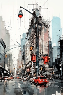 Fred Lord Prints: Graphic of downtown city street scene. (AI Generated)