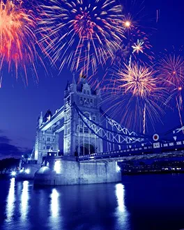 Images Dated 6th October 2010: Great Britain, London. Fireworks over the Tower Bridge. Credit as: Jim Zuckerman