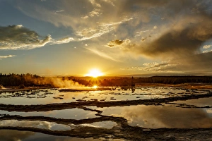 Wyoming Prints: Great Fountain Geyser at sunset, Lower Geyser Basin, Yellowstone National Park