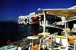Port City Prints: Greece, Aegean Sea, Mykonos. Seaside cafe on the Aegean Sea
