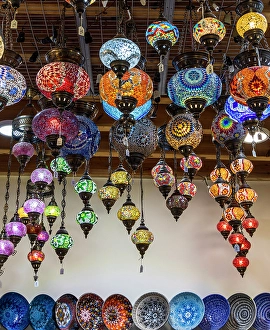 Lighting Prints: Greece, Crete, Chania, Old Town. Tourist Souvenirs. Colored glass lamps and colorful bowls