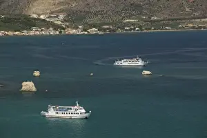 Land Formation Prints: GREECE, CRETE, Hania Province, Almyrida: Kalyvia Bay Resort Town, Tourist Boats