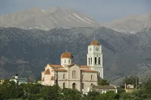 GREECE-CRETE-Hania Province-Kalamitsi Amigdalou: Town Church with Lefka Ori Mountains