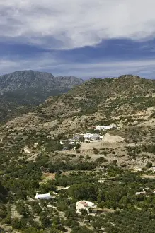 Lasithi Province Prints: GREECE-CRETE-Lasithi Province-Agias Fotias: Tourist Hotels and Mount Thryptis