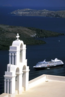 Thira Prints: Greece, Cyclades Islands, Santorini, Thira. Famous view from Kimisis Theotokov church