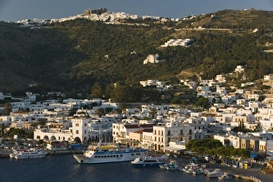 GREECE, Dodecanese Islands, PATMOS, Skala: View of Harbor & Hilltop Monastery of St