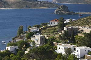 GREECE, Dodecanese Islands, PATMOS, Grikos: View of Grikos Town / Southeast Patmos