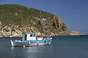 Aegean Prints: GREECE-Dodecanese Islands-PATMOS-Agriolivadi Bay: Small Boat on Agriolivadi Bay