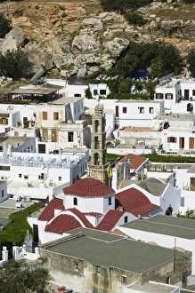 GREECE, Dodecanese Islands, RHODES, Lindos: Town View with Church of Agia Panagia