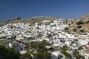GREECE, Dodecanese Islands, RHODES, Lindos: Town View as seen from the Acropolis