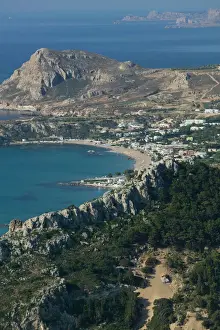 Land Prints: GREECE-Dodecanese Islands-RHODES-Kolymbia: Morning View of Tsambika Bay from