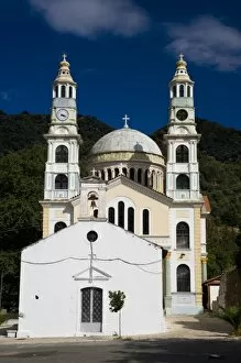Greece and Greek Island of Crete in the foothills to the White Mountains with church dome