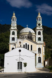 Greece and Greek Island of Crete in the foothills to the White Mountains with church dome Greece and Greek Island of Crete in the foothills to the White Mountains with church dome