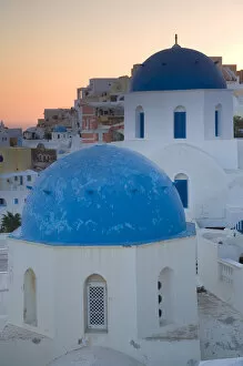 Images Dated 16th September 2007: Greece and Greek Island of Santorini town of Oia with Blue Domed Churches with white