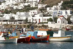 Hora Prints: Greece, Mykonos, Chora. Fishing boats in the harbor of Mykonos