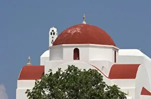 Hora Prints: Greece, Mykonos, Hora. Red church dome and white walls against blue sky