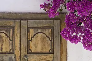 Hora Prints: Greece, Mykonos, Hora. Part of wooden doorway and bougainvillea