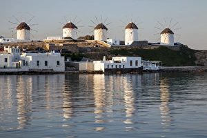 Greece Collection: Greece, Mykonos, Sindmills and Their Reflection in the Water