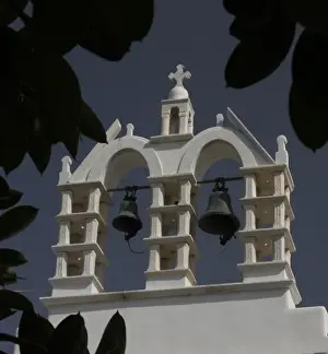 Greek Orthodox Prints: Greece, Paros, Parikia. Bell tower at the entrance to the Church of One Hundred Gates