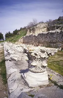 Macedonia Prints: Greece, Philippi, Macedonia. Ancient Roman pediment in archaeological site