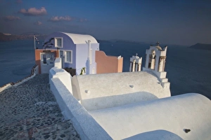 Greek Island Prints: Greece, Santorini. Bell tower in town of Oia