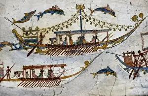 Painting Prints: Greece, Santorini. Classic Greek fresco of flying dolphins