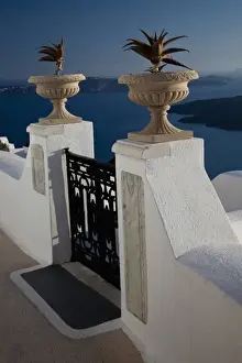 Greek Island Prints: Greece, Santorini, gate along the walkway of the Caldera in Firostefani