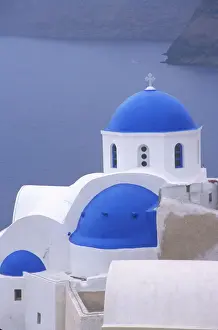 Prayer Prints: Greece, Santorini, Oia. Blue domed church overlooking the Sea of Crete