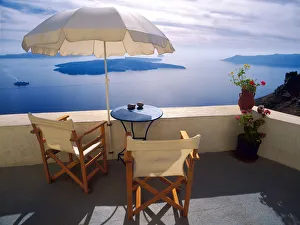 Images Dated 13th September 2018: Greece, Santorini, Oia. House balcony with ocean view