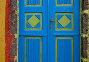 Handle Prints: Greece, Santorini, Thira, Oia. Blue and lime green door colors