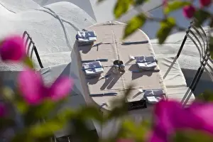 Bouganvillea Prints: Greece, Santorini, Thira, Oia. Looking through bougainvillea to a patio table set for dinner
