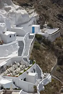 Patio Prints: Greece, Santorini, Thira, Oia. Stairs connecting different levels of a large white