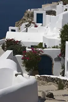 Walk Way Prints: Greece, Santorini, Thira, Oia. White villas with blue doors