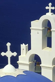 Greek Orthodox Prints: Greece, Santorini. View of a Greek church and its bells