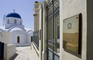 Walk Way Prints: Greece, Santorini. Zannos Melathron Hotel with Greek Orthodox church in background