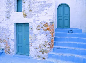 Stairway Prints: Greece, Symi. Blue doors and stairway of house