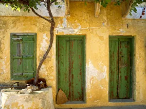 Greek Island Prints: Greece, Symi. Yellow house with green doors. Jim Nilsen, Jaynes Gallery, nobody, travel