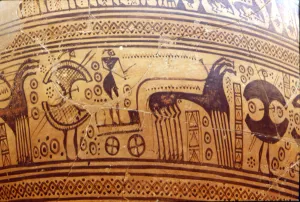 Chariot Prints: Greek Geometric period vase- early Iron Age Period. c750 BC. Funeral procession