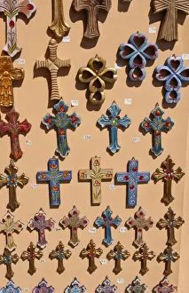 Images Dated 2028: Greek religious cross for sale in store in Oia in Greek Islands of Santorini in Greece