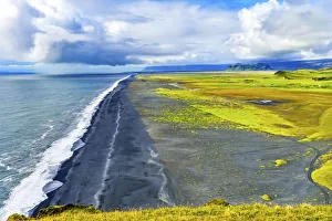 Reynisfjara Prints: Green Patures Houses, Reynisfjara black sand beach, Dyrholaey Park South Shore, Iceland