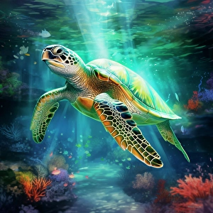 Ai Generated Prints: Green sea turtle underwater. (AI Generated)