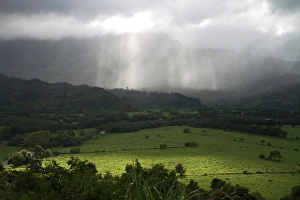 Shower Prints: The green valley surrounding Hanalei Bay on the island of Kauai, Hawaii, USA