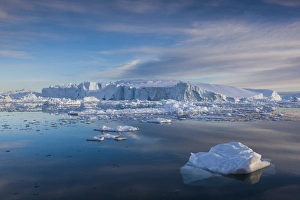 Greenland Prints: Greenland, Disko Bay, Ilulissat, floating ice at sunset