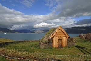 Images Dated 26th July 2011: Greenland, Eriks Fjord, Brattahlid. Replica of Thjodhilds Church originally