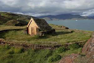 Images Dated 26th July 2011: Greenland, Eriks Fjord, Brattahlid. Replica of Thjodhildas Church originally