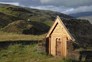 Greenland, Eriks Fjord, Brattahlid. Replica of Thjodhildas Church originally