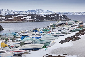 Greenland Collection: Greenland, Nuuk, small boats under snow